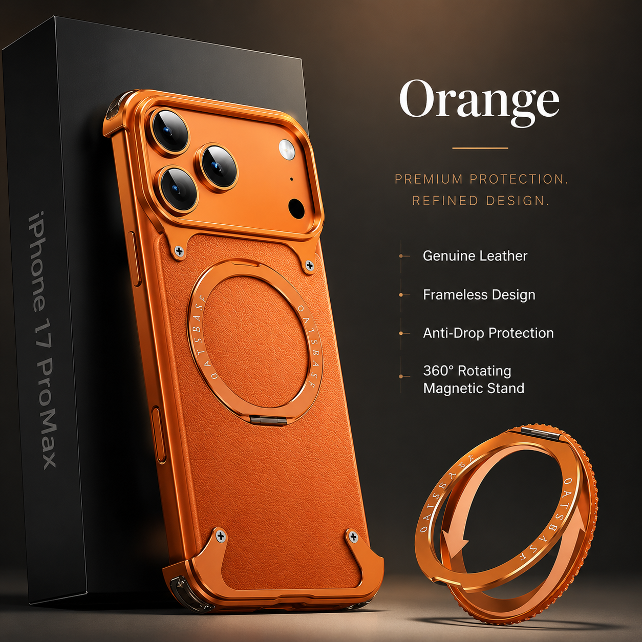 Premium iPhone Case MagSafe Compatible Genuine Leather Magnetic Cover Rotating Stand Ring Shockproof Anti Drop Frameless Wireless Charging Grip