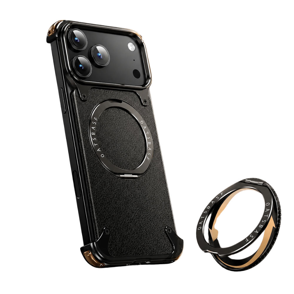 Premium iPhone Case MagSafe Compatible Genuine Leather Magnetic Cover Rotating Stand Ring Shockproof Anti Drop Frameless Wireless Charging Grip
