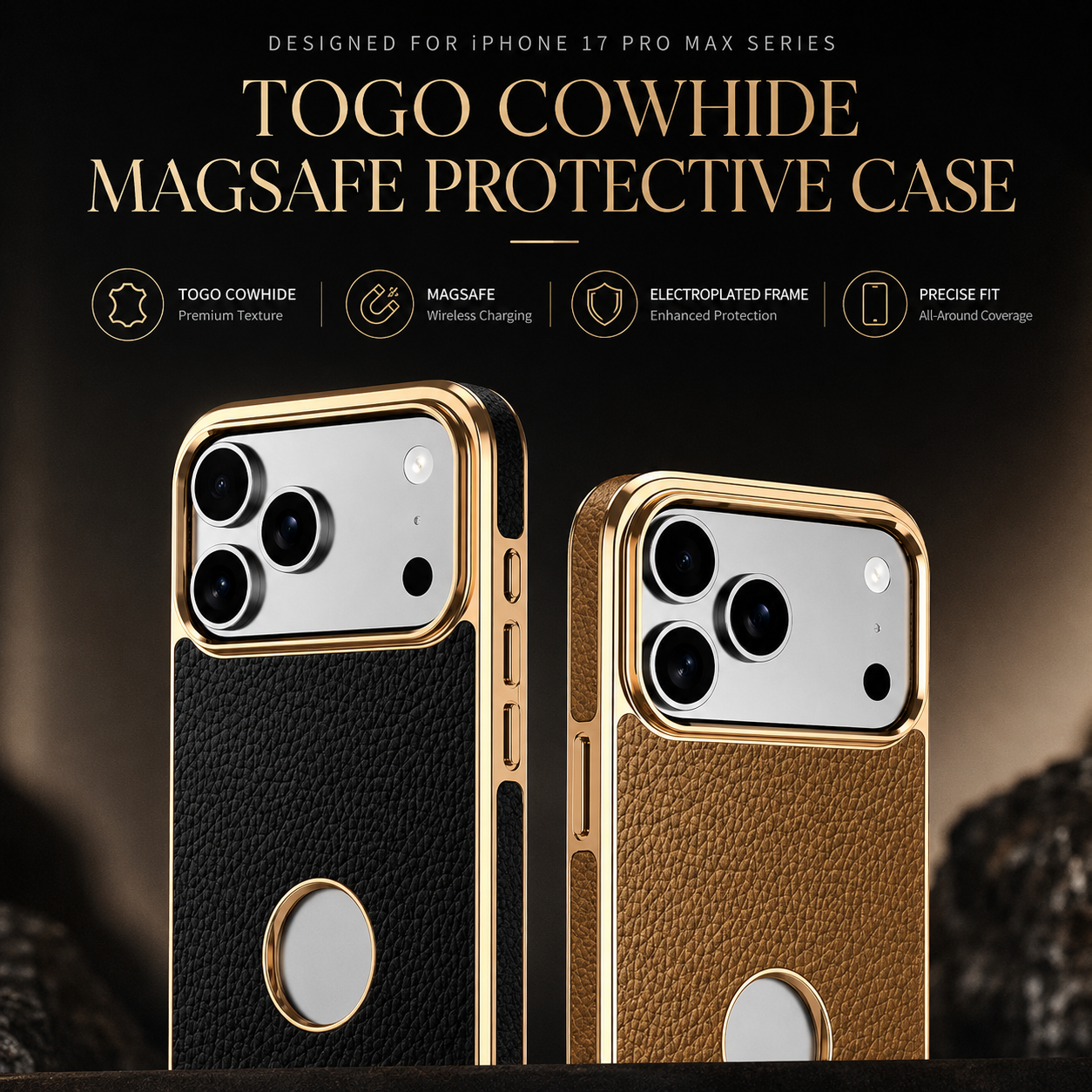 Premium iPhone Case MagSafe Compatible Genuine Leather Protective Cover Cowhide Lychee Texture Anti Fingerprint Slim Shockproof Design