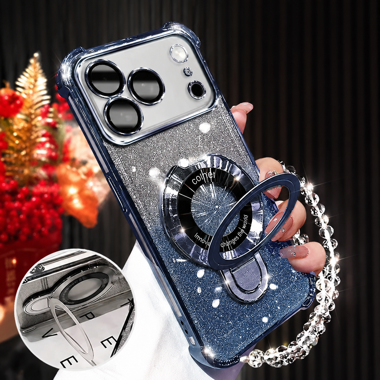 Premium iPhone Case MagSafe Compatible Glitter Bracelet Cover with Shockproof Dual Layer Protection, Anti Fingerprint Silicone, Kickstand Holder