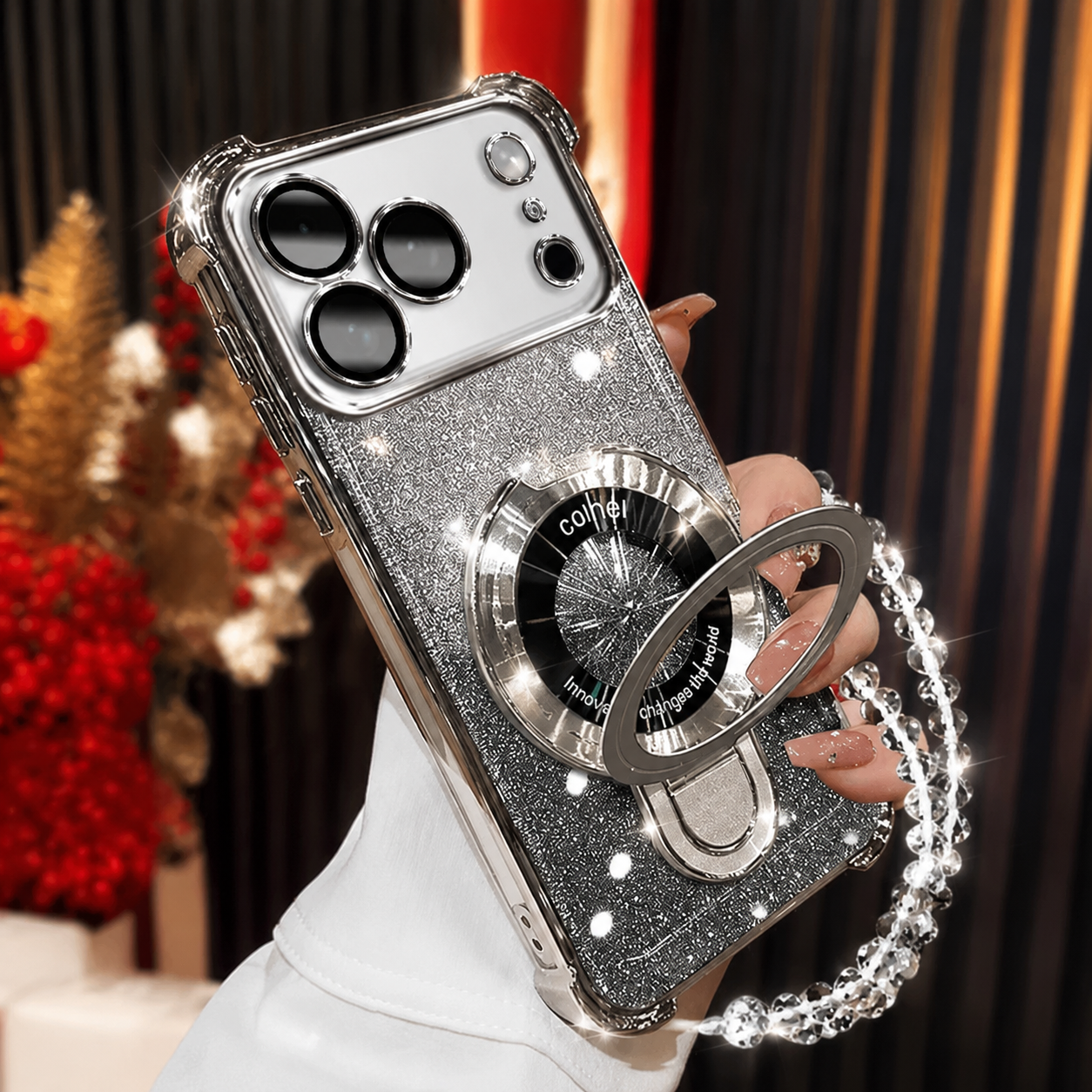 Premium iPhone Case MagSafe Compatible Glitter Bracelet Cover with Shockproof Dual Layer Protection, Anti Fingerprint Silicone, Kickstand Holder