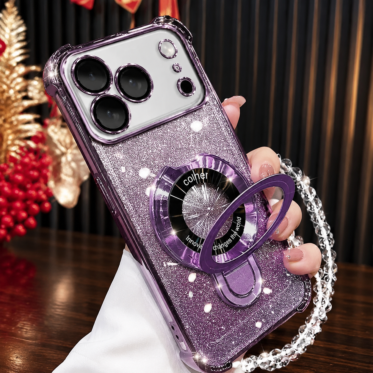 Premium iPhone Case MagSafe Compatible Glitter Bracelet Cover with Shockproof Dual Layer Protection, Anti Fingerprint Silicone, Kickstand Holder