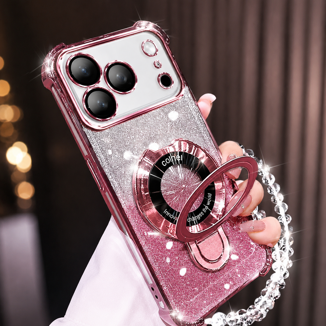 Premium iPhone Case MagSafe Compatible Glitter Bracelet Cover with Shockproof Dual Layer Protection, Anti Fingerprint Silicone, Kickstand Holder