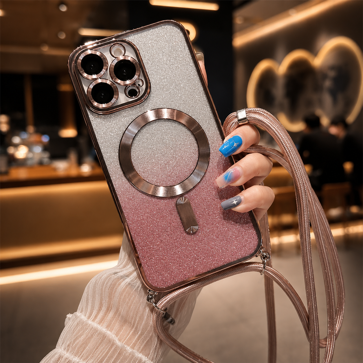 Premium iPhone Case MagSafe Compatible Gradient Glitter Crossbody Strap Shockproof TPU Protective Cover Camera Lens Protection Slim Lightweight Design