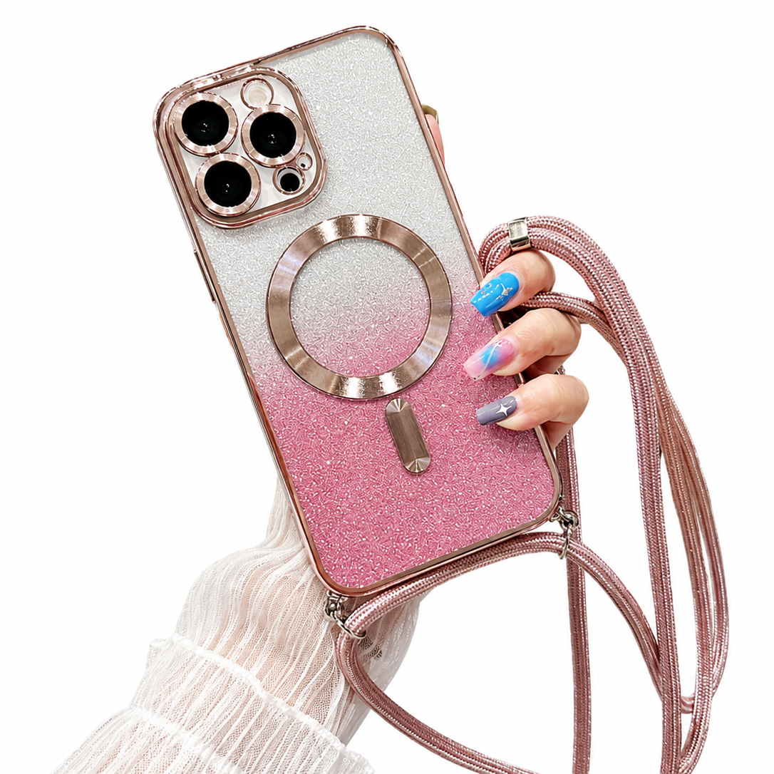Premium iPhone Case MagSafe Compatible Gradient Glitter Crossbody Strap Shockproof TPU Protective Cover Camera Lens Protection Slim Lightweight Design