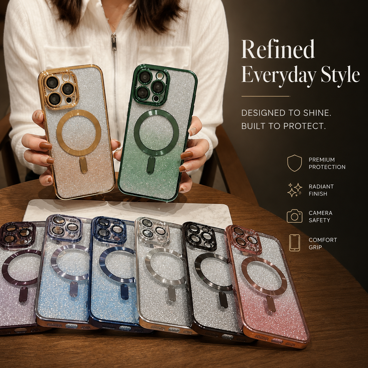 Premium iPhone Case MagSafe Compatible Gradient Glitter Crossbody Strap Shockproof TPU Protective Cover Camera Lens Protection Slim Lightweight Design
