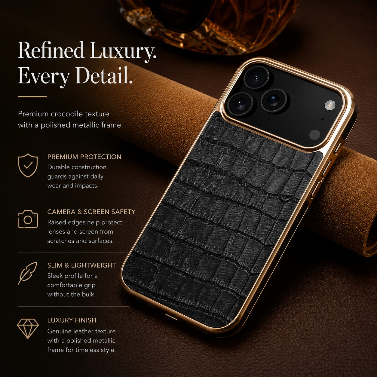 Premium iPhone Case MagSafe Compatible Leather Cover with Crocodile Texture Design, Camera Lens Protection, Anti Fingerprint Finish and Scratch Resistant Build