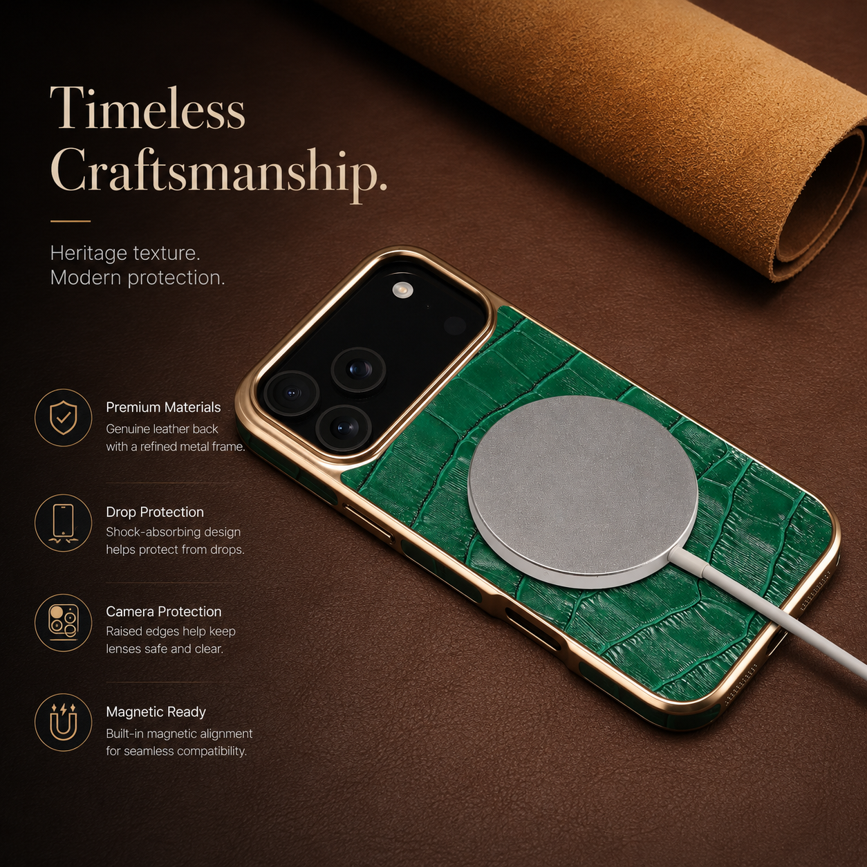 Premium iPhone Case MagSafe Compatible Leather Cover with Crocodile Texture Design, Camera Lens Protection, Anti Fingerprint Finish and Scratch Resistant Build
