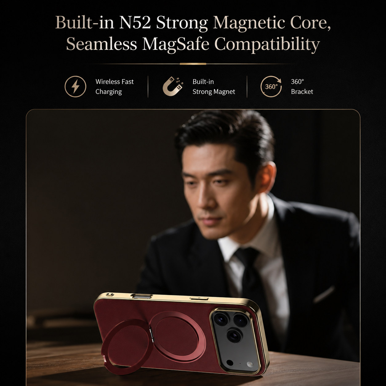 Premium iPhone Case MagSafe Compatible Leather Cover with Magnetic Ring Holder, Camera Lens Protection, Shockproof Design, Anti-Scratch Finish and Secure Grip