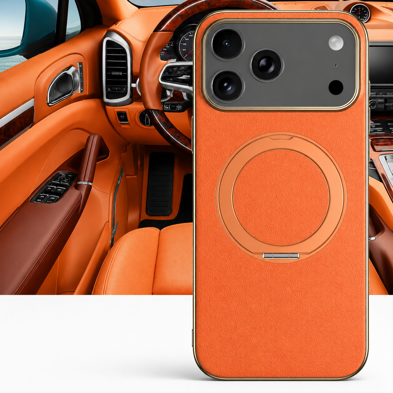 Premium iPhone Case MagSafe Compatible Leather Cover with Magnetic Ring Holder, Camera Lens Protection, Shockproof Design, Anti-Scratch Finish and Secure Grip