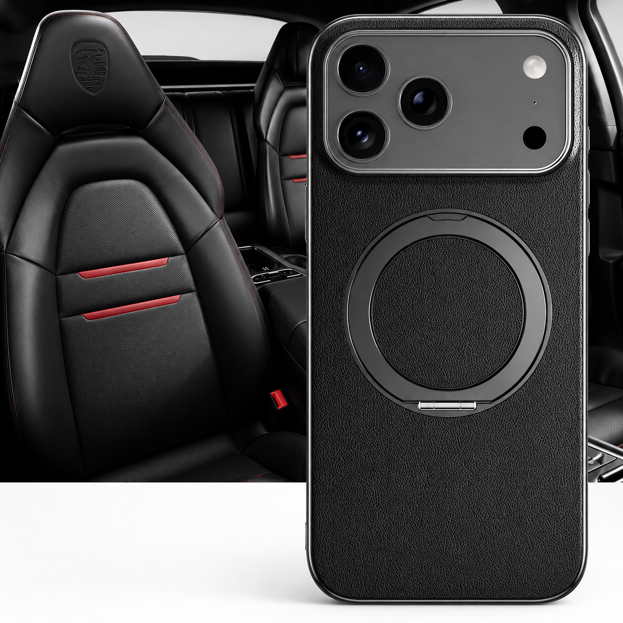 Premium iPhone Case MagSafe Compatible Leather Cover with Magnetic Ring Holder, Camera Lens Protection, Shockproof Design, Anti-Scratch Finish and Secure Grip