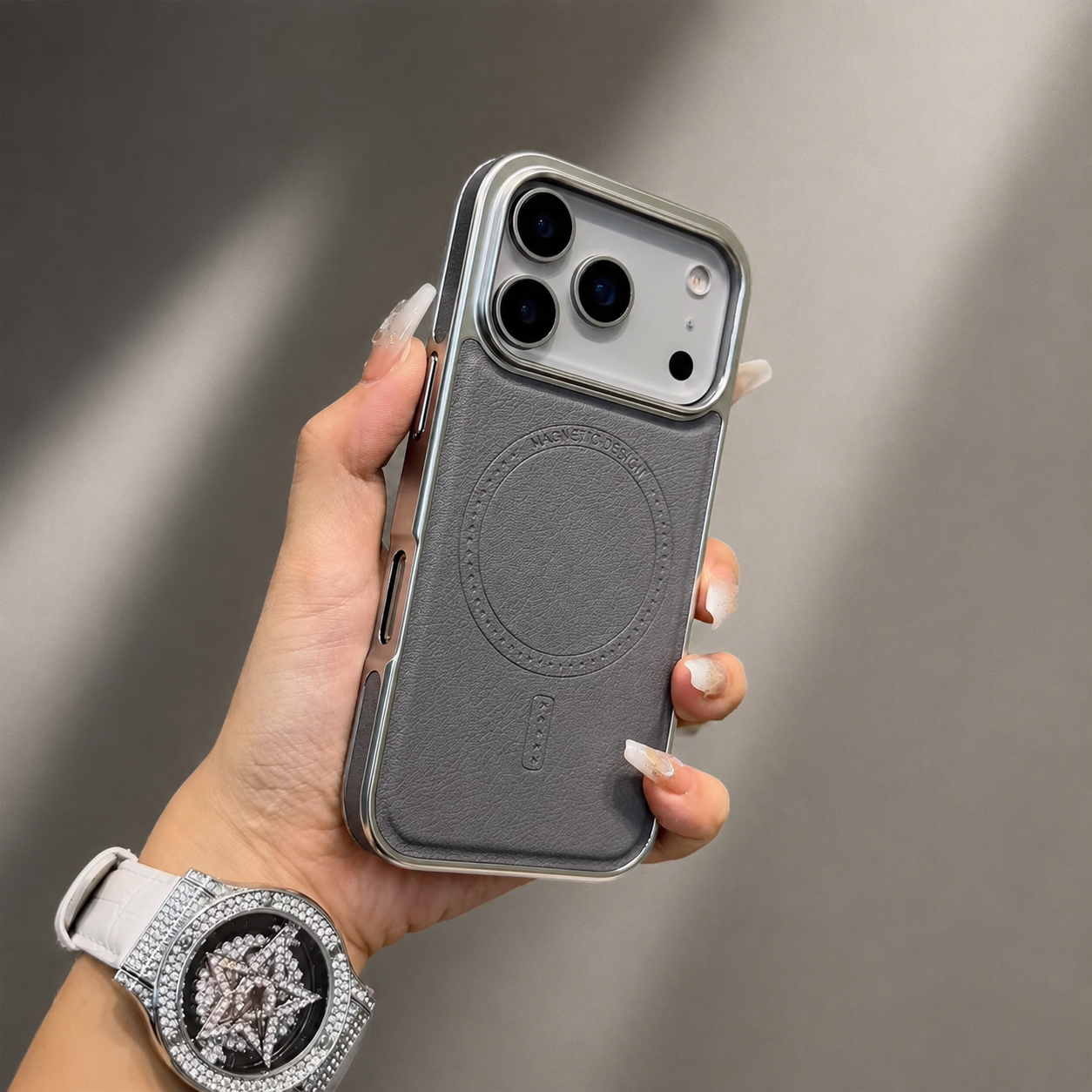Premium iPhone Case MagSafe Compatible Leather Cover with Shockproof Plating Frame, Anti Fingerprint Surface, Original Business Style, Full Protection