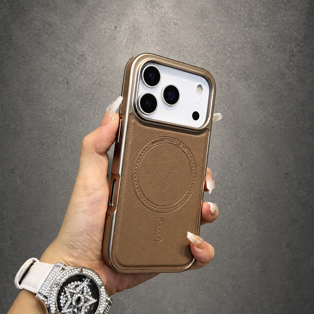 Premium iPhone Case MagSafe Compatible Leather Cover with Shockproof Plating Frame, Anti Fingerprint Surface, Original Business Style, Full Protection