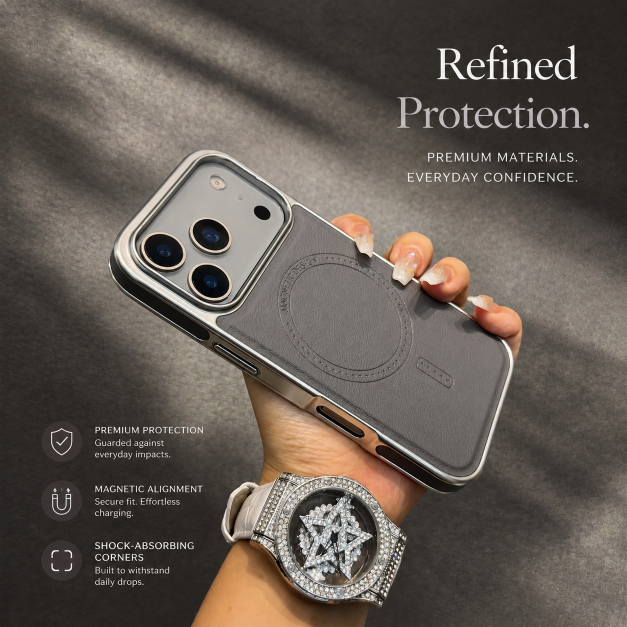 Premium iPhone Case MagSafe Compatible Leather Cover with Shockproof Plating Frame, Anti Fingerprint Surface, Original Business Style, Full Protection