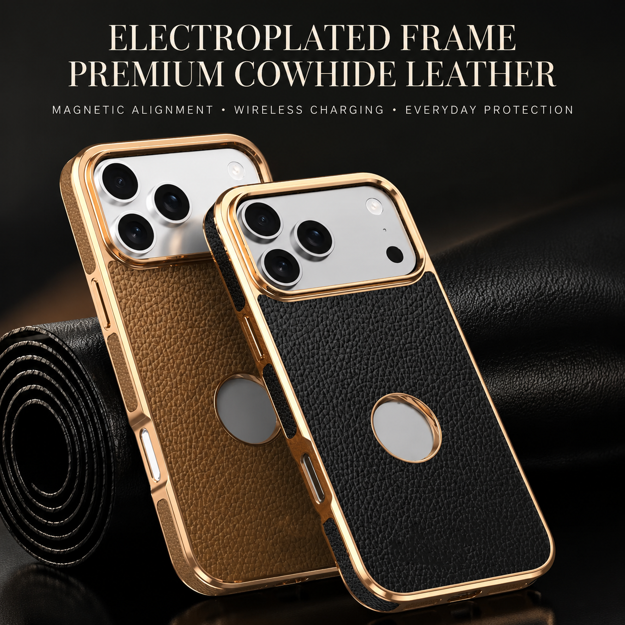 Premium iPhone Case MagSafe Compatible Leather Cowhide Lychee Texture Magnetic Slim Protective Cover Anti Fingerprint Non Slip Grip Bumper Design