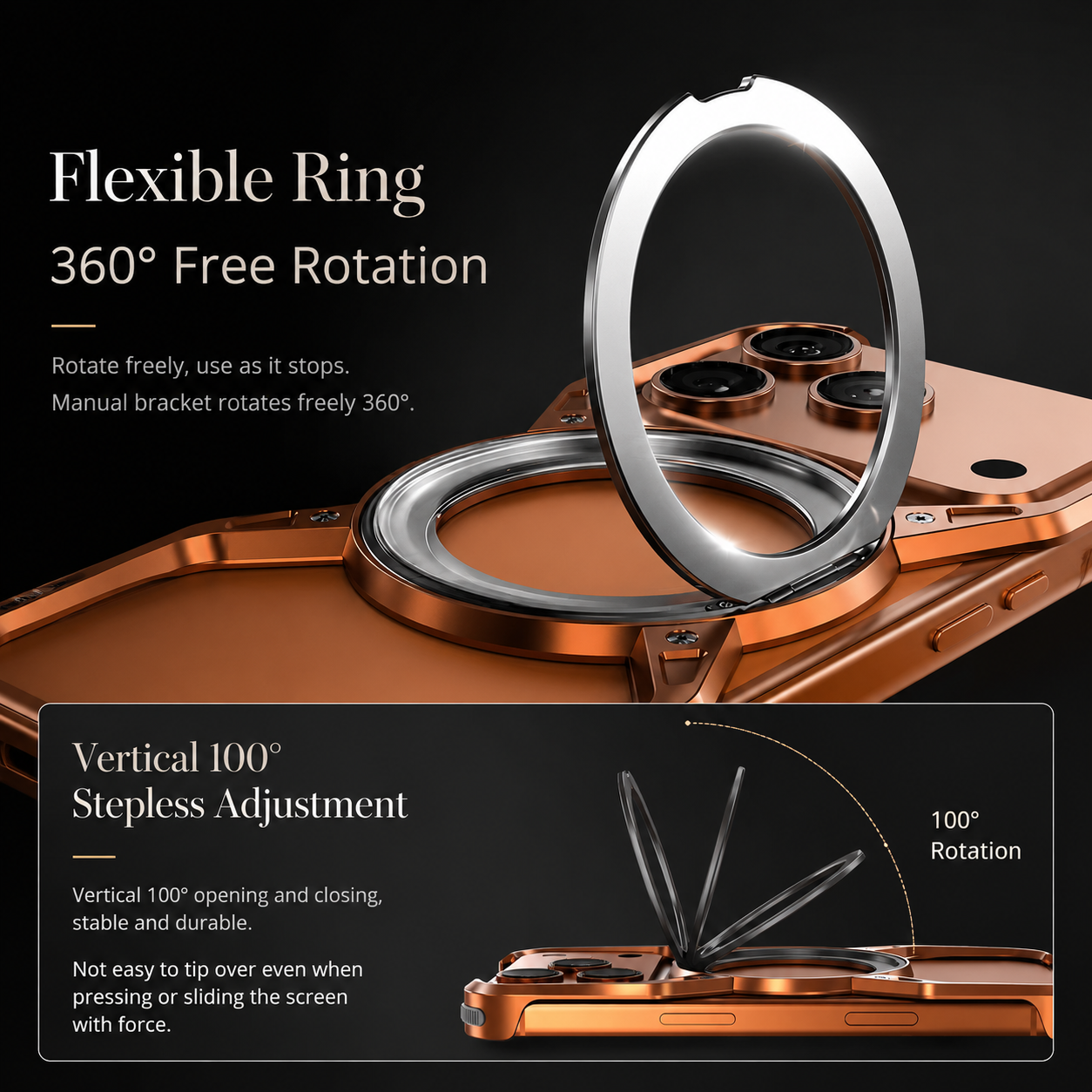 Premium iPhone Case MagSafe Compatible Magnetic Bumper Aluminum Alloy Frame Rotating Ring Stand Shockproof Camera Lens Guard Wireless Charging