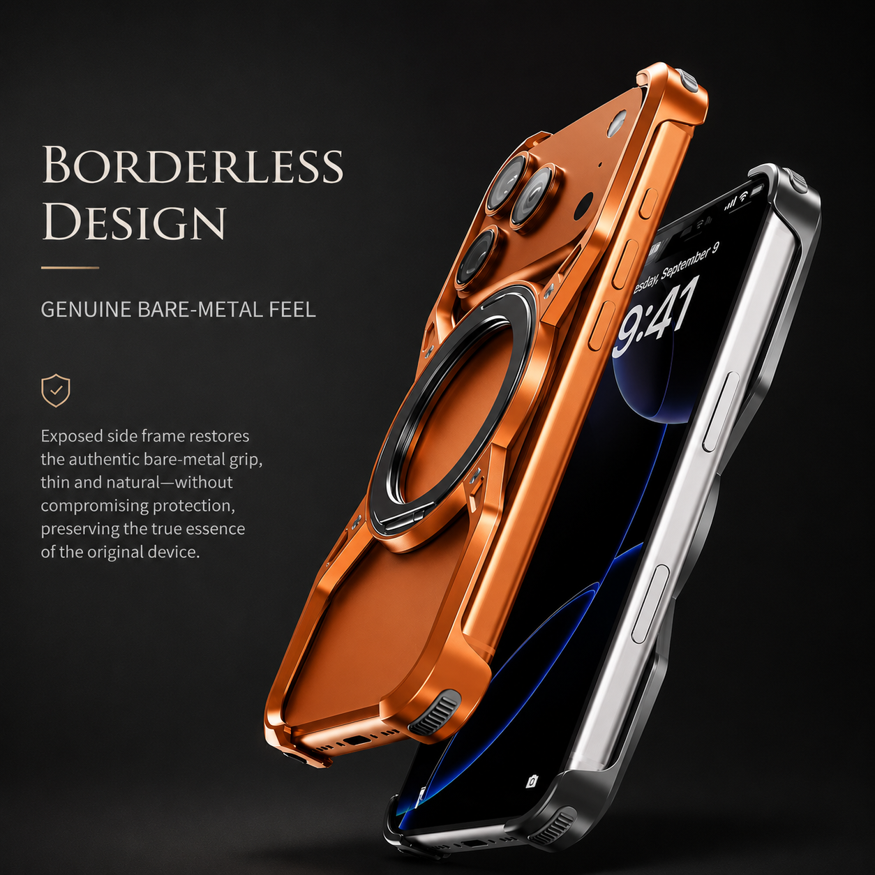 Premium iPhone Case MagSafe Compatible Magnetic Bumper Aluminum Alloy Frame Rotating Ring Stand Shockproof Camera Lens Guard Wireless Charging