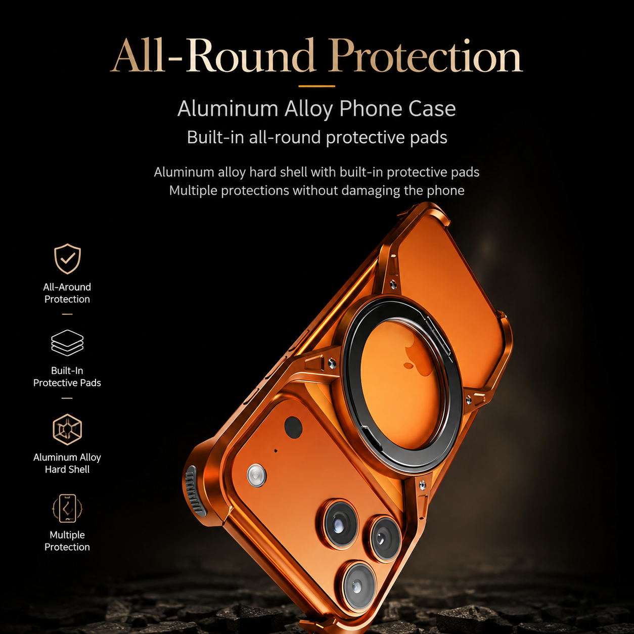 Premium iPhone Case MagSafe Compatible Magnetic Bumper Aluminum Alloy Frame Rotating Ring Stand Shockproof Camera Lens Guard Wireless Charging