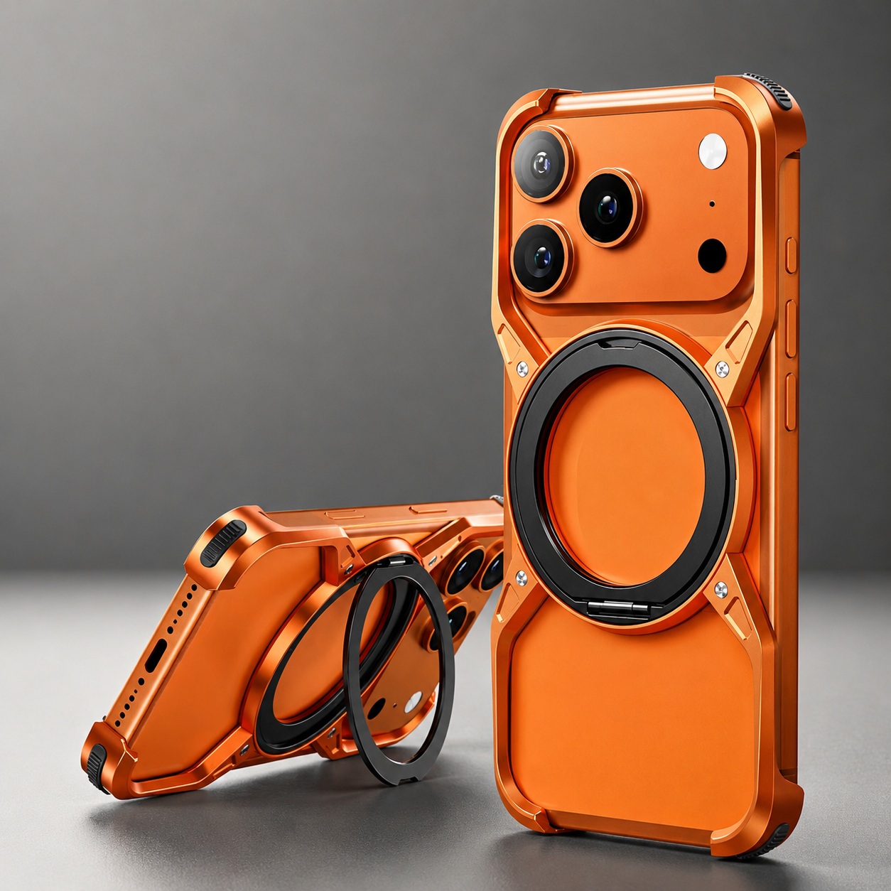 Premium iPhone Case MagSafe Compatible Magnetic Bumper Aluminum Alloy Frame Rotating Ring Stand Shockproof Camera Lens Guard Wireless Charging
