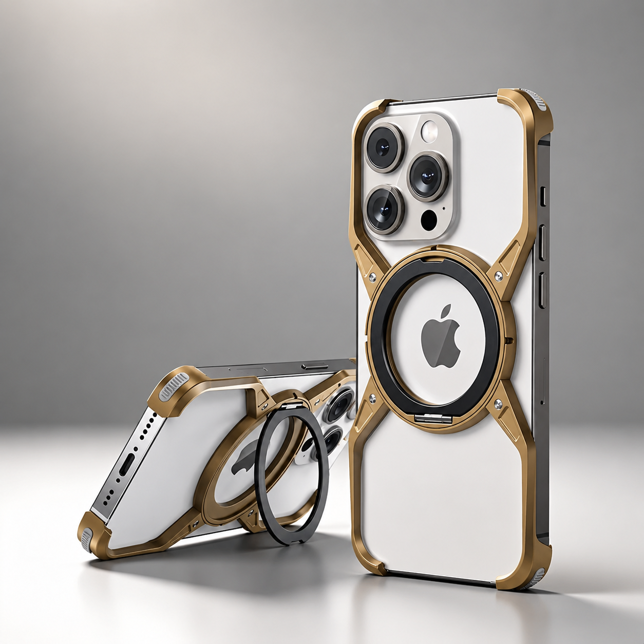 Premium iPhone Case MagSafe Compatible Magnetic Bumper Aluminum Alloy Frame Rotating Ring Stand Shockproof Camera Lens Guard Wireless Charging