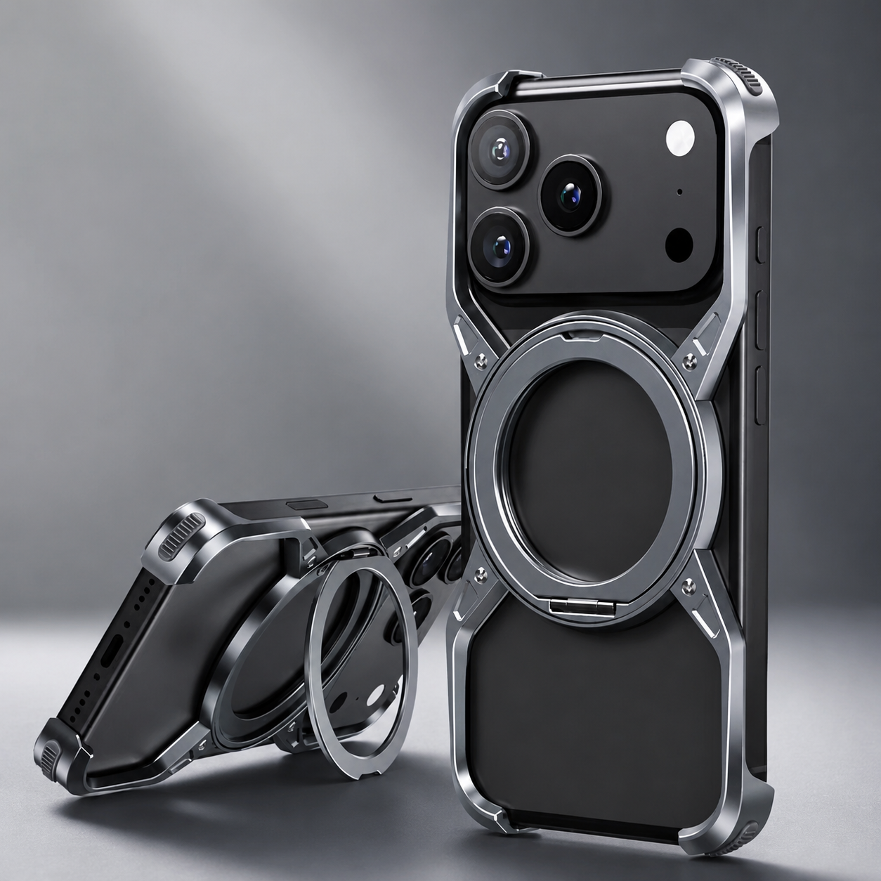 Premium iPhone Case MagSafe Compatible Magnetic Bumper Aluminum Alloy Frame Rotating Ring Stand Shockproof Camera Lens Guard Wireless Charging