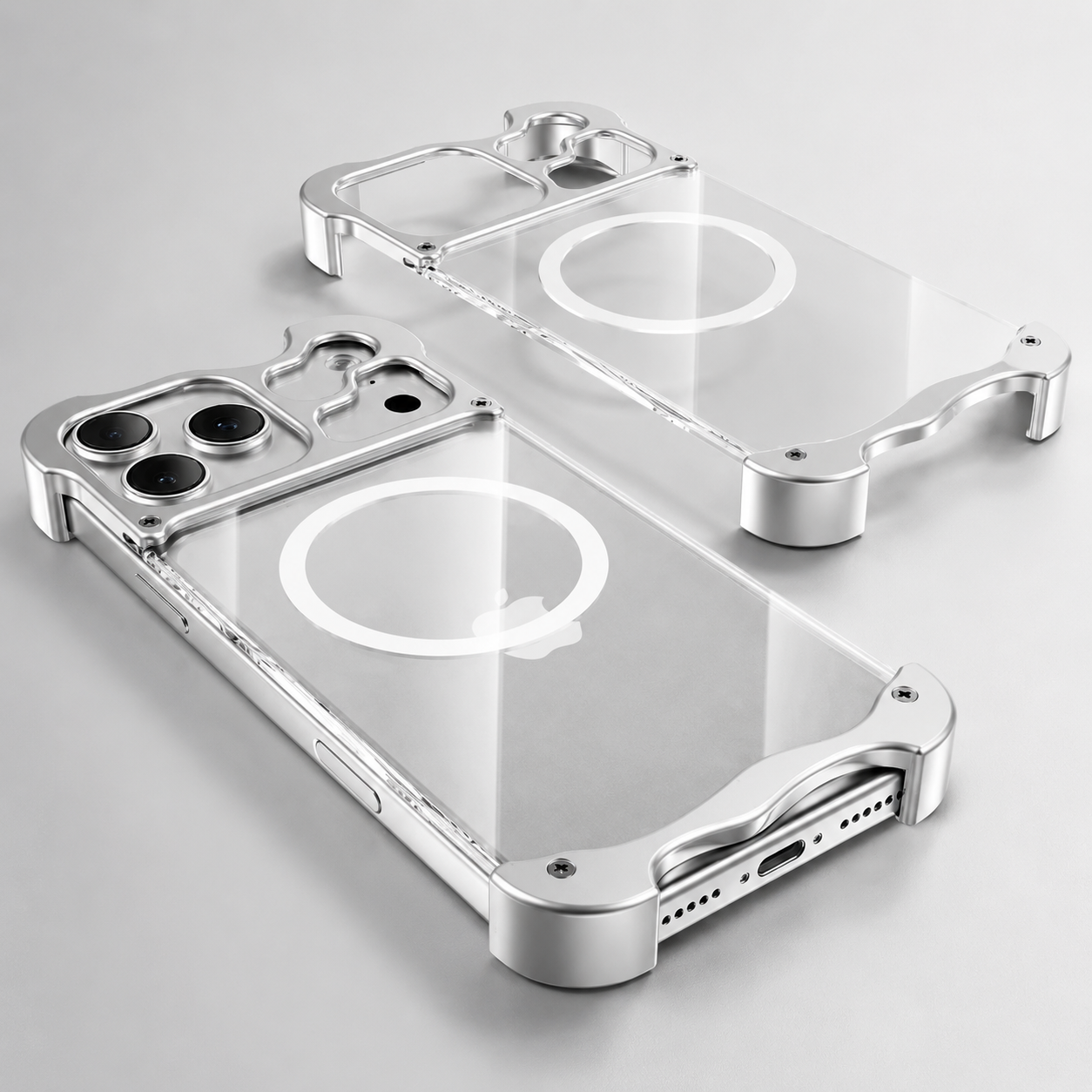Premium iPhone Case MagSafe Compatible Magnetic Bumper Aluminum Corner Protection Transparent Back Shockproof Metal Pads Camera Lens Guard Lightweight