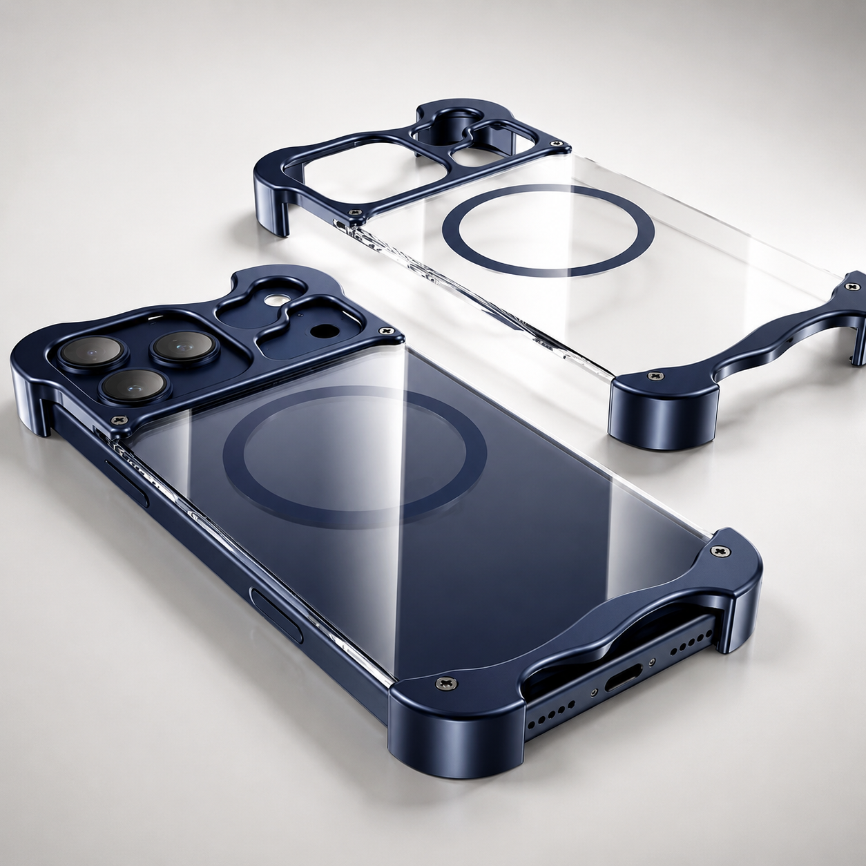 Premium iPhone Case MagSafe Compatible Magnetic Bumper Aluminum Corner Protection Transparent Back Shockproof Metal Pads Camera Lens Guard Lightweight