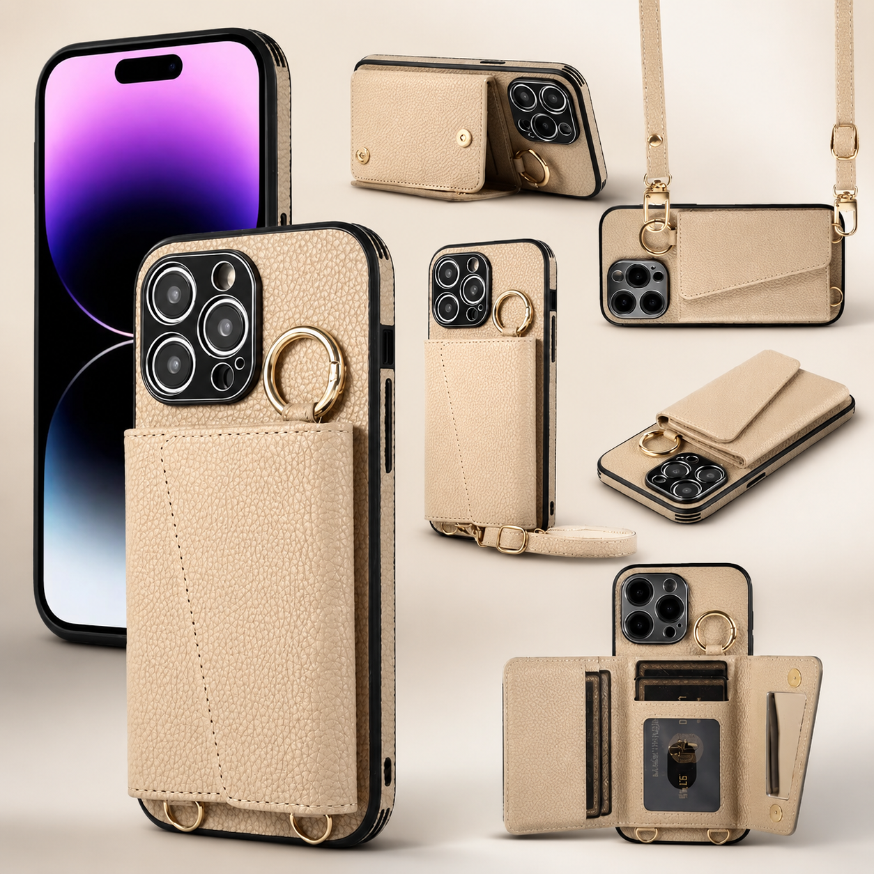 Premium iPhone Case MagSafe Compatible Magnetic Crossbody Wallet Cover PU Leather Card Slots Finger Ring Buckle Strap Shockproof Organizer Carrying