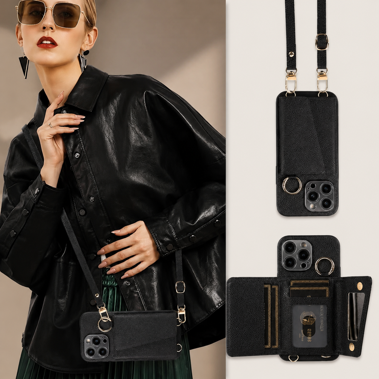 Premium iPhone Case MagSafe Compatible Magnetic Crossbody Wallet Cover PU Leather Card Slots Finger Ring Buckle Strap Shockproof Organizer Carrying