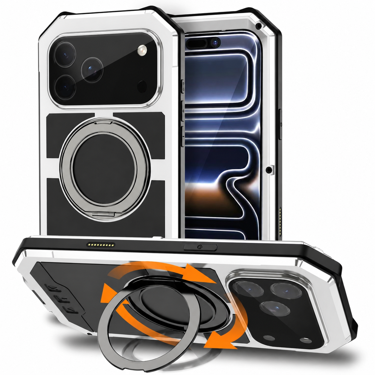 Premium iPhone Case MagSafe Compatible Magnetic Protective Cover Aluminum Armor Frame Built-In Kickstand Glass Screen Protector Shockproof Full Protection