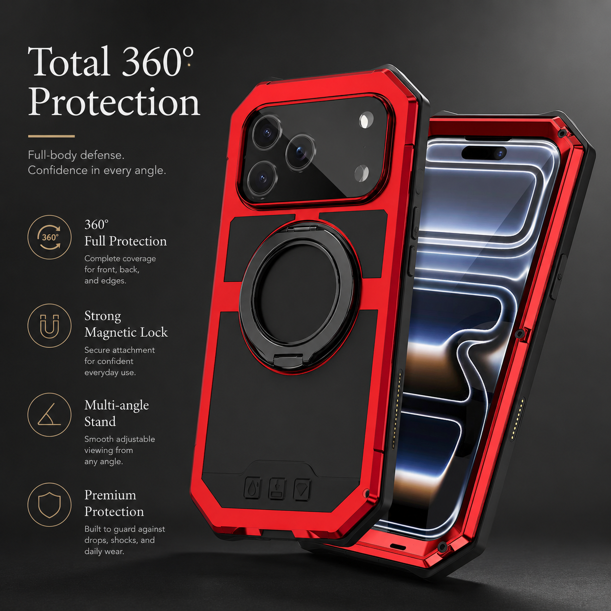 Premium iPhone Case MagSafe Compatible Magnetic Protective Cover Aluminum Armor Frame Built-In Kickstand Glass Screen Protector Shockproof Full Protection