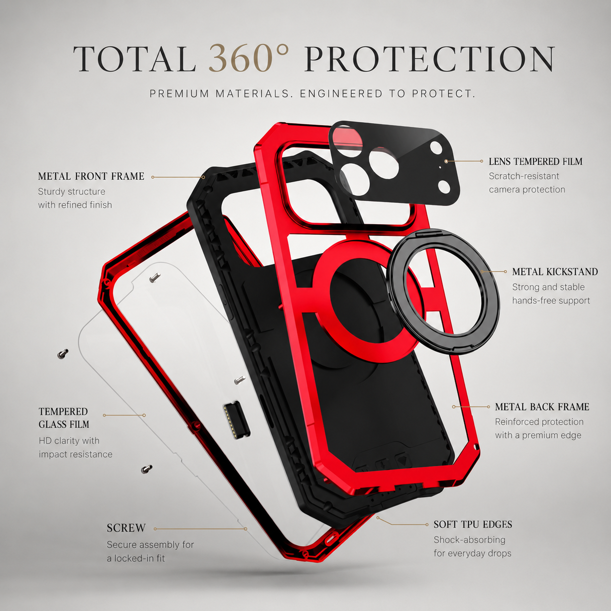 Premium iPhone Case MagSafe Compatible Magnetic Protective Cover Aluminum Armor Frame Built-In Kickstand Glass Screen Protector Shockproof Full Protection