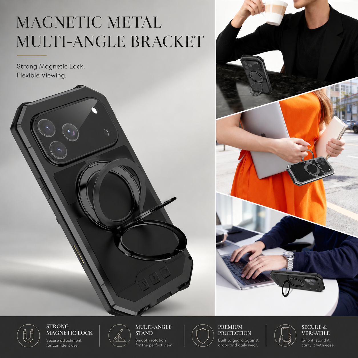 Premium iPhone Case MagSafe Compatible Magnetic Protective Cover Aluminum Armor Frame Built-In Kickstand Glass Screen Protector Shockproof Full Protection
