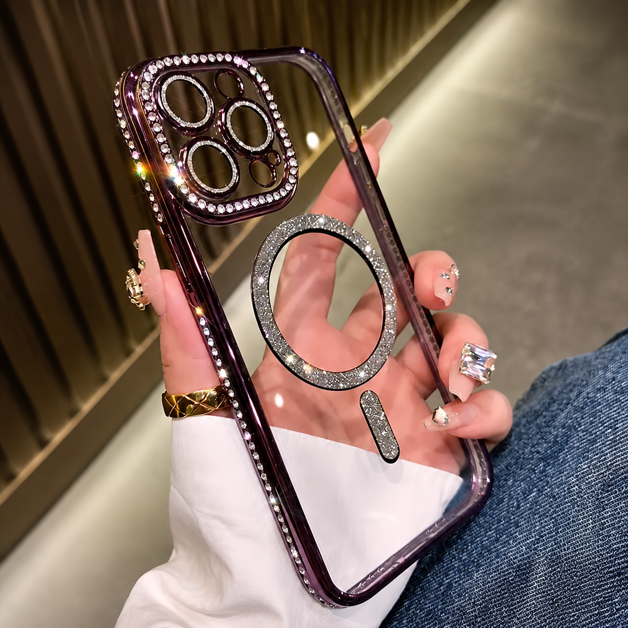 Premium iPhone Case MagSafe Compatible Magnetic Protective Cover Transparent Glitter Diamond Design Shockproof Bumper Camera Lens Guard Lightweight