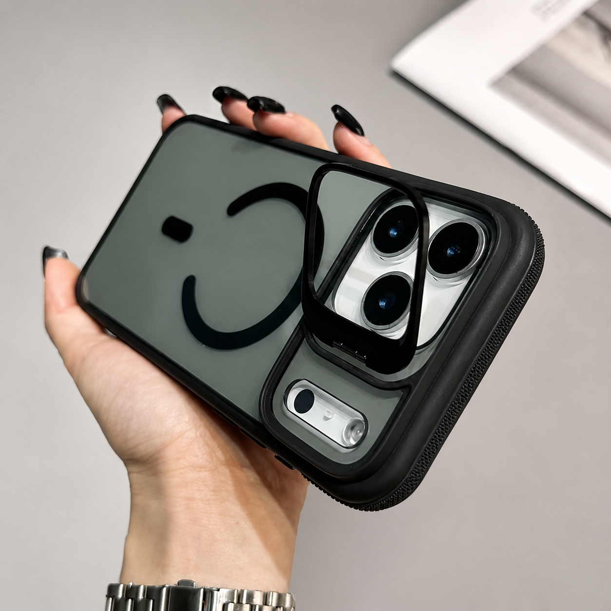 Premium iPhone Case MagSafe Compatible Magnetic Protective Cover Transparent Matte Back Built In Kickstand Shockproof Camera Lens Guard Wireless Charging