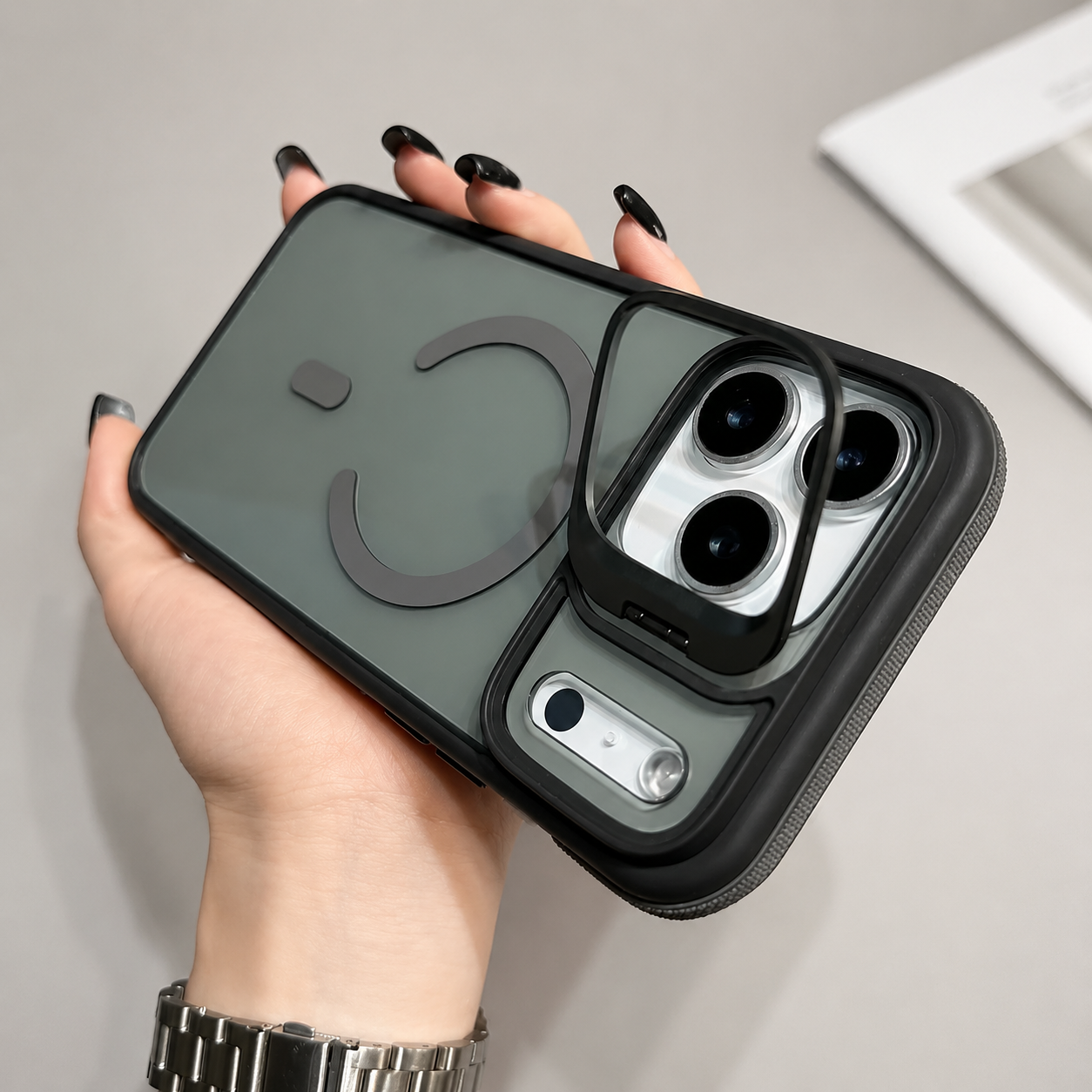 Premium iPhone Case MagSafe Compatible Magnetic Protective Cover Transparent Matte Back Built In Kickstand Shockproof Camera Lens Guard Wireless Charging
