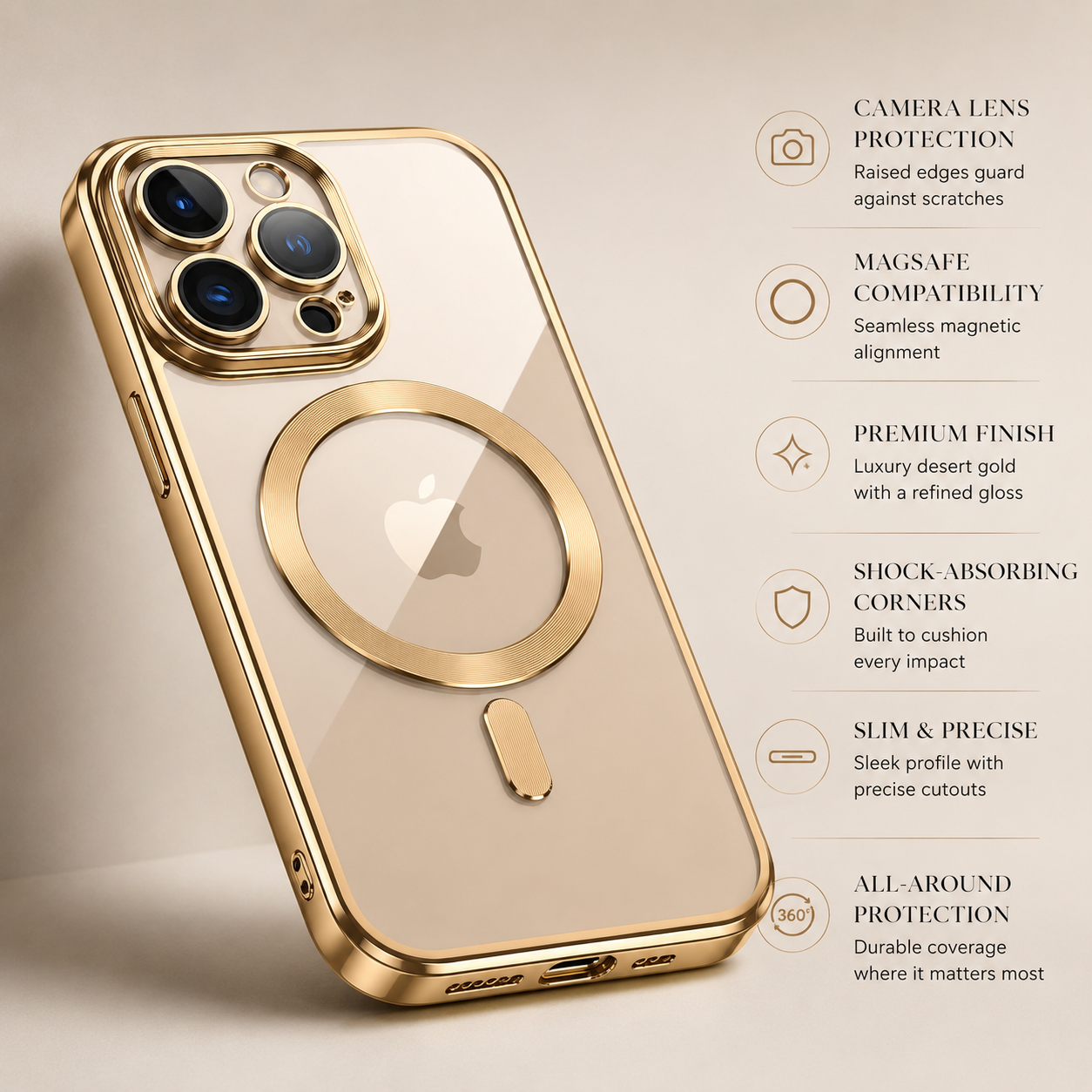 Premium iPhone Case MagSafe Compatible Magnetic Protective Cover Transparent TPU Desert Gold Finish Shockproof Camera Lens Guard Anti Yellowing