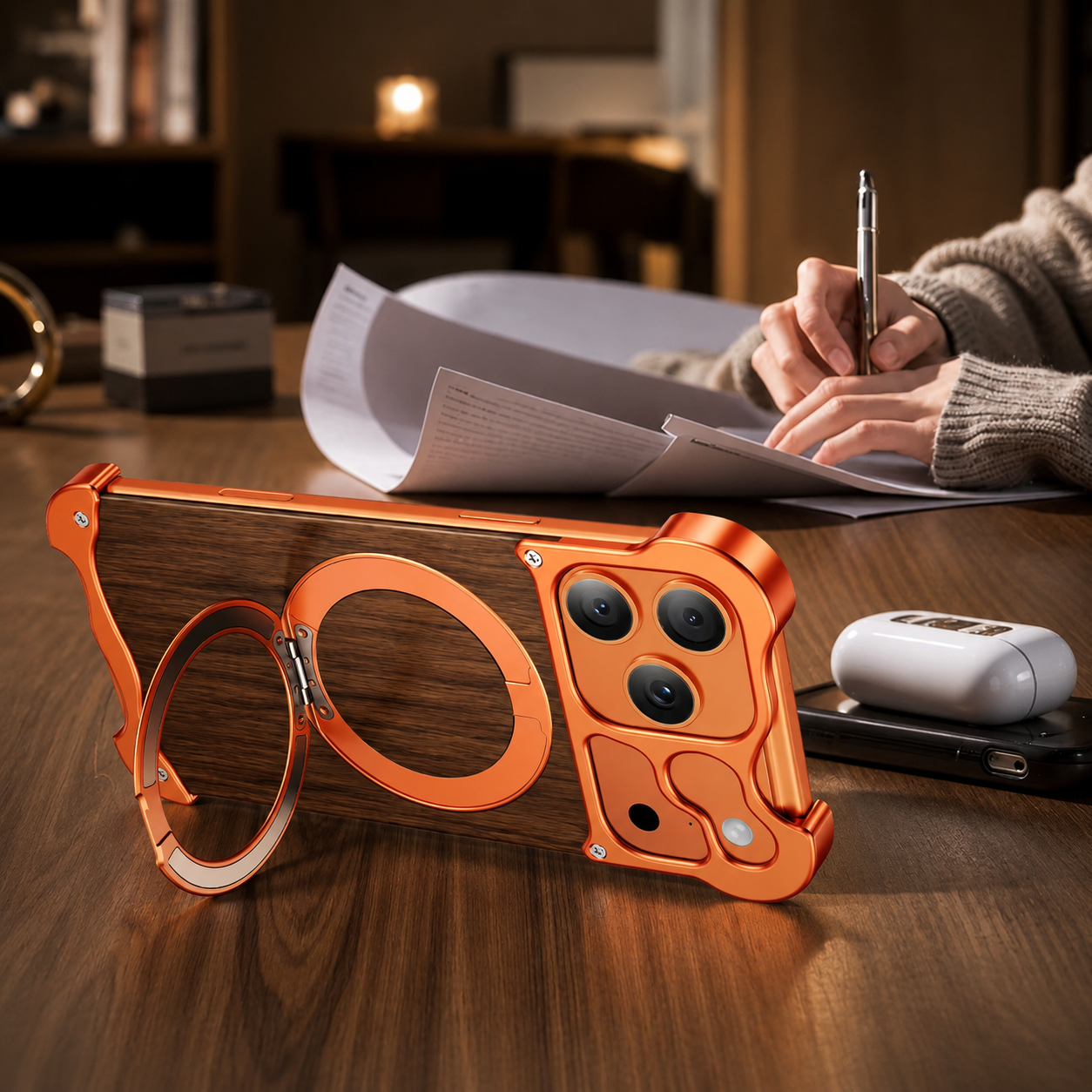 Premium iPhone Case MagSafe Compatible Magnetic Protective Cover Wood Back Aluminum Frame 360° Rotating Ring Stand Camera Lens Protection Shockproof Slim Design