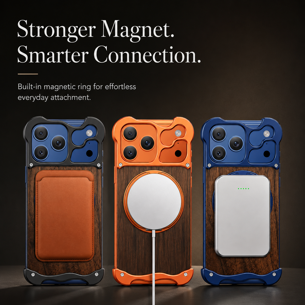 Premium iPhone Case MagSafe Compatible Magnetic Protective Cover Wood Back Aluminum Frame 360° Rotating Ring Stand Camera Lens Protection Shockproof Slim Design