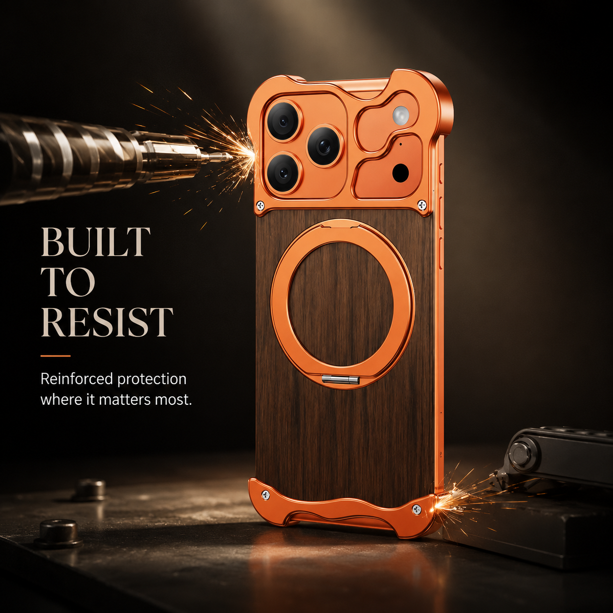 Premium iPhone Case MagSafe Compatible Magnetic Protective Cover Wood Back Aluminum Frame 360° Rotating Ring Stand Camera Lens Protection Shockproof Slim Design