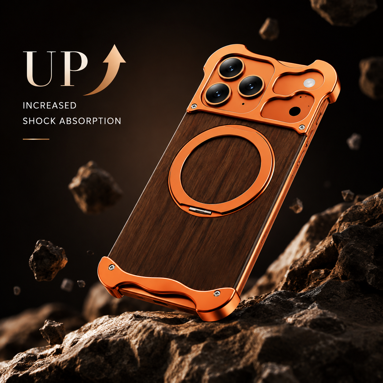 Premium iPhone Case MagSafe Compatible Magnetic Protective Cover Wood Back Aluminum Frame 360° Rotating Ring Stand Camera Lens Protection Shockproof Slim Design