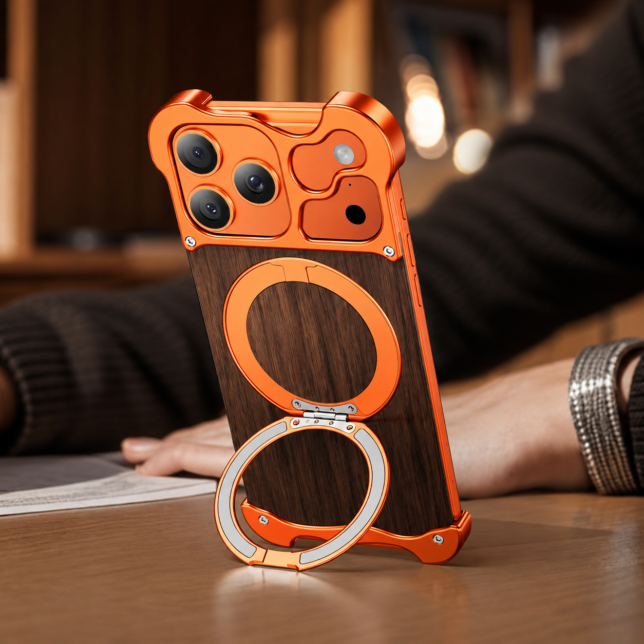 Premium iPhone Case MagSafe Compatible Magnetic Protective Cover Wood Back Aluminum Frame 360° Rotating Ring Stand Camera Lens Protection Shockproof Slim Design