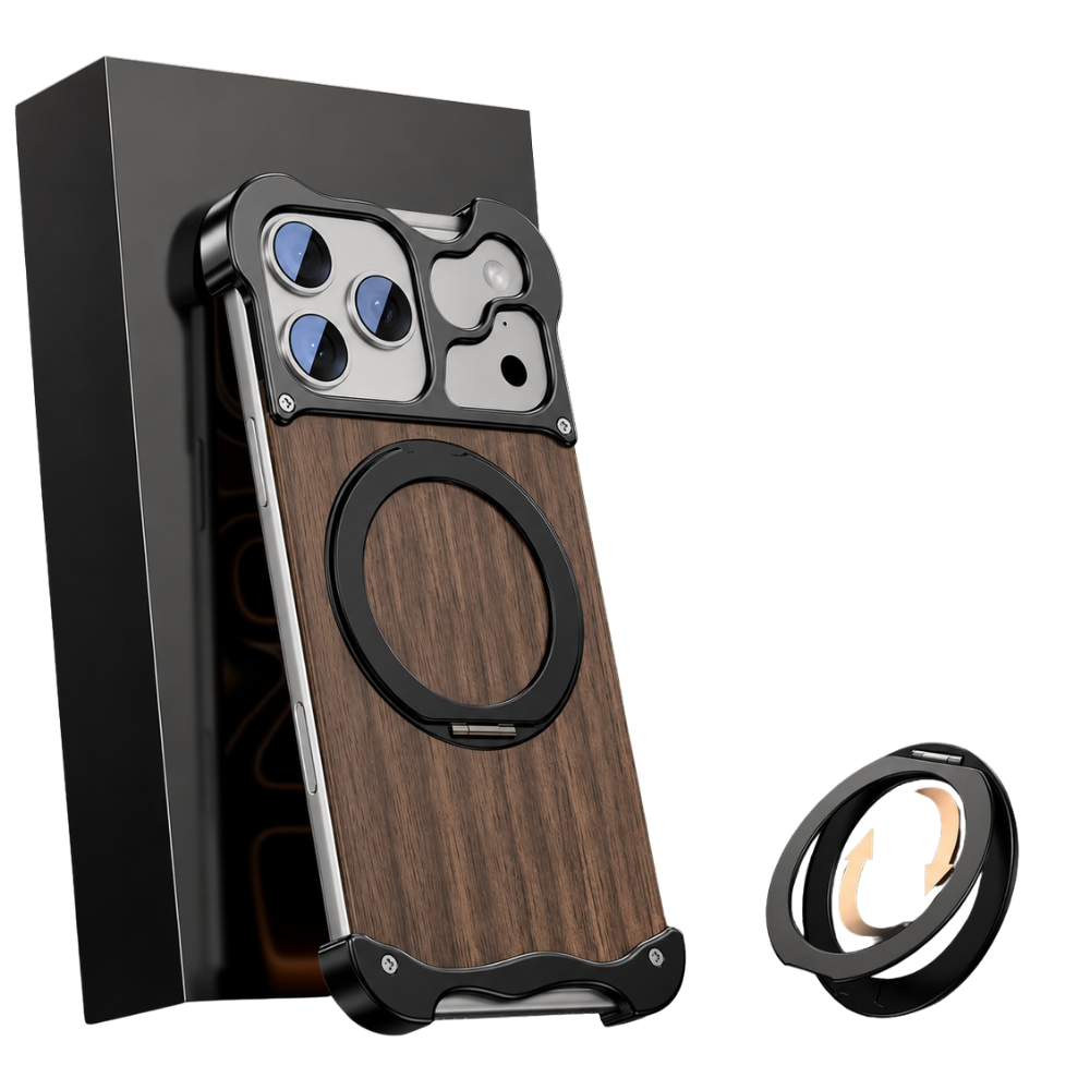 Premium iPhone Case MagSafe Compatible Magnetic Protective Cover Wood Back Aluminum Frame 360° Rotating Ring Stand Camera Lens Protection Shockproof Slim Design