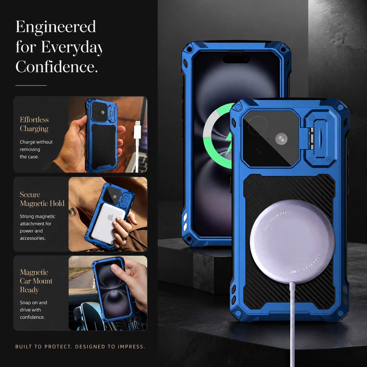 Premium iPhone Case MagSafe Compatible Metal Armor Design with Camera Lens Protection, Dual Layer Shockproof Construction, Heavy Duty Durability