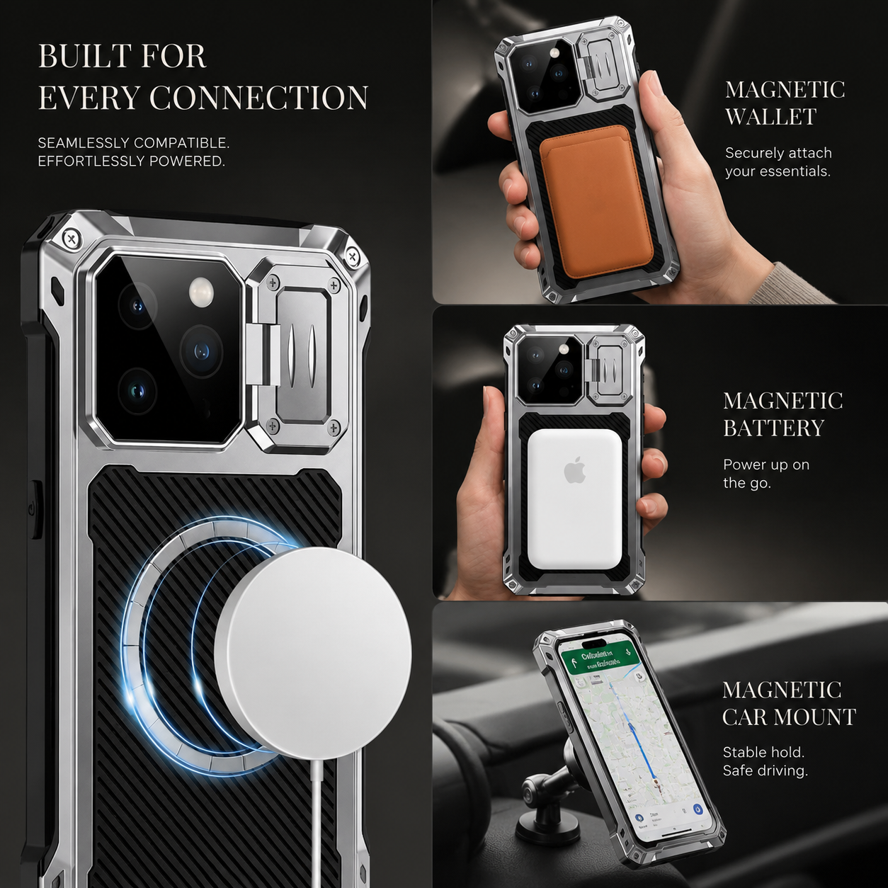 Premium iPhone Case MagSafe Compatible Metal Armor Design with Camera Lens Protection, Dual Layer Shockproof Construction, Heavy Duty Durability