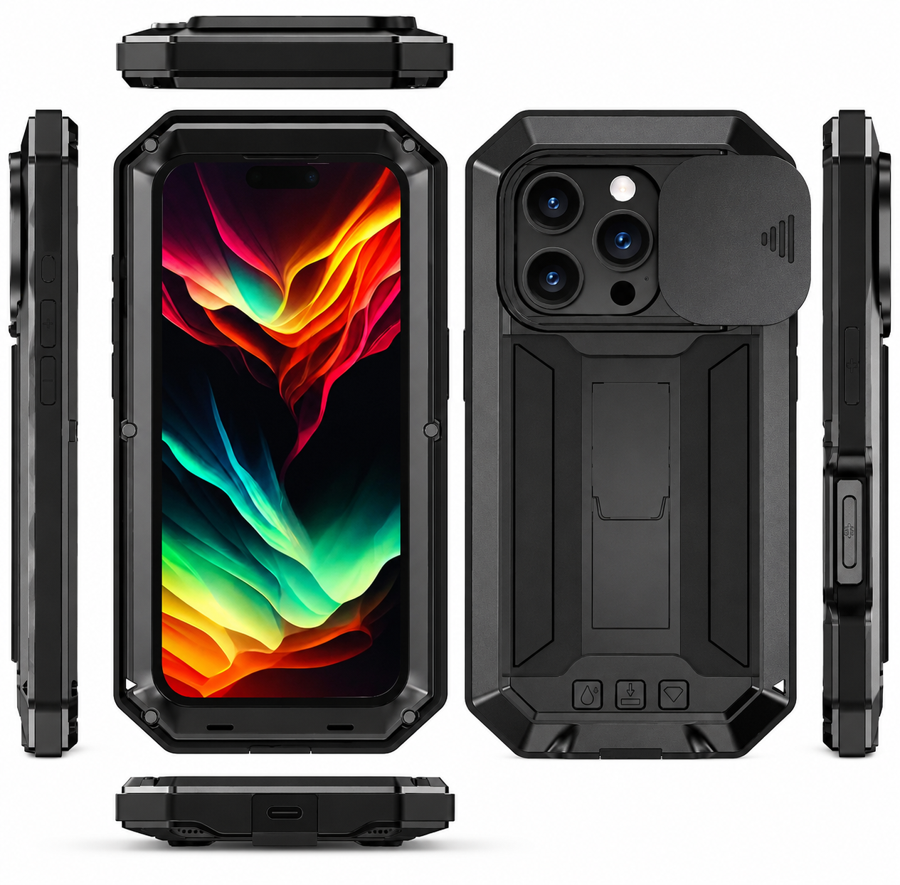 Premium iPhone Case MagSafe Compatible Metal Armor Protective Cover Full Body Hybrid Design Slide Camera Cover Tempered Glass Screen Shockproof Waterproof Rugged Design