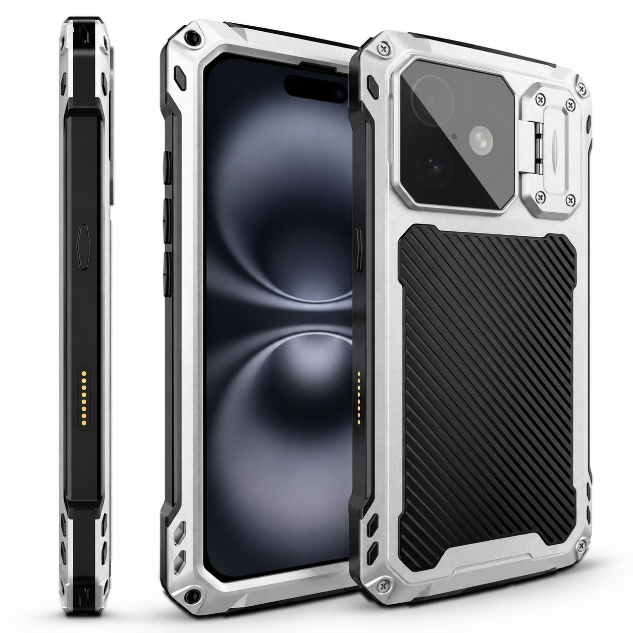 Premium iPhone Case MagSafe Compatible Metal Cover with Camera Guard Kickstand, Screen Protection, Shockproof Dual Layer Design and Durable Protection