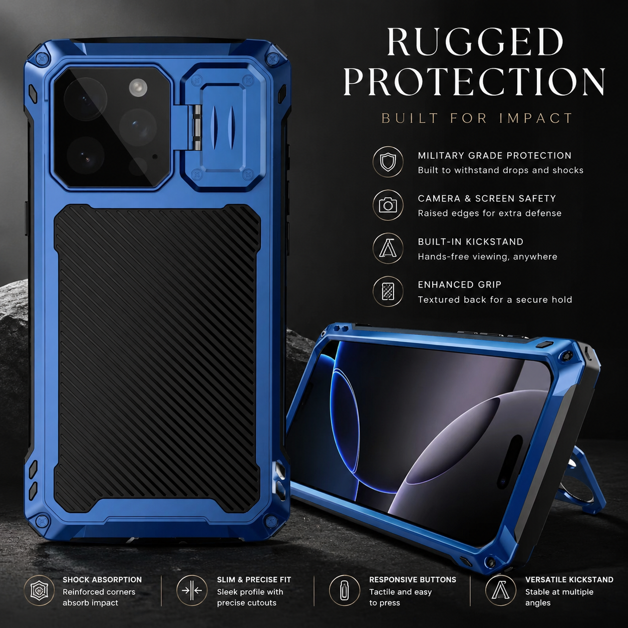 Premium iPhone Case MagSafe Compatible Metal Cover with Camera Guard Kickstand, Screen Protection, Shockproof Dual Layer Design and Durable Protection