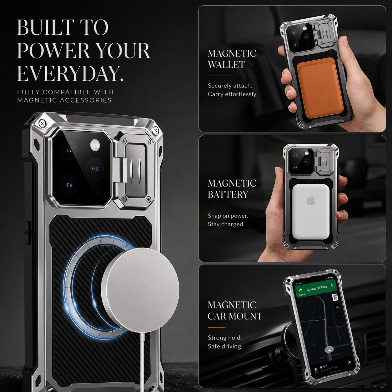 Premium iPhone Case MagSafe Compatible Metal Cover with Camera Guard Kickstand, Screen Protection, Shockproof Dual Layer Design and Durable Protection
