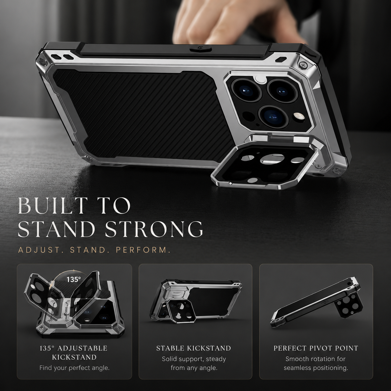 Premium iPhone Case MagSafe Compatible Metal Cover with Camera Guard Kickstand, Screen Protection, Shockproof Dual Layer Design and Durable Protection